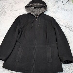 Fleet Street Jacket Womens 1X Black Hoodie Wool Blend Coat Cozy Preppy Pockets